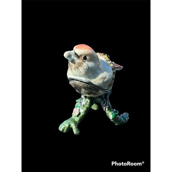 Vtg Female Cardinal Bird Pewter Jewelry Trinket Box Hinged Lid Enamel Jeweled - Picture 4 of 9